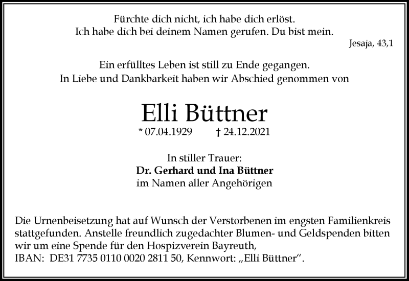  Traueranzeige für Elli Büttner vom 19.01.2022 aus Nordbayerischer Kurier