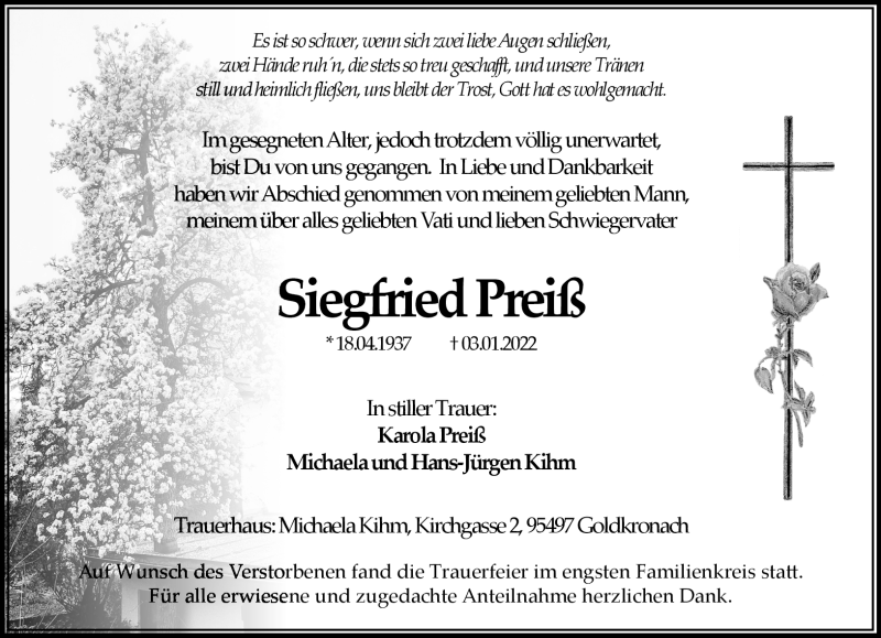  Traueranzeige für Siegfried Preiß vom 29.01.2022 aus Nordbayerischer Kurier