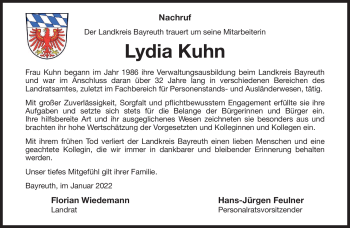 Anzeige von Lydia Kuhn von Nordbayerischer Kurier
