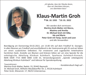 Anzeige von Klaus-Martin Groh von Nordbayerischer Kurier