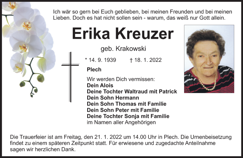  Traueranzeige für Erika Kreuzer vom 20.01.2022 aus Nordbayerischer Kurier