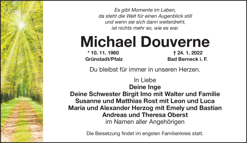 Traueranzeige für Michael Douverne vom 29.01.2022 aus Nordbayerischer Kurier