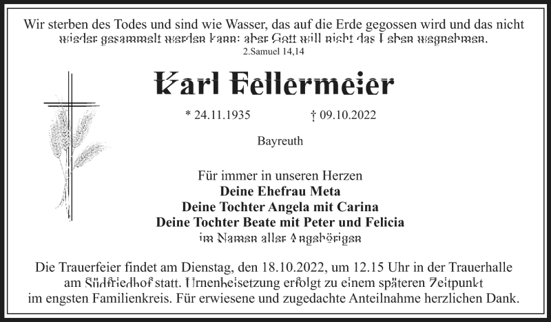  Traueranzeige für Karl Fellermeier vom 15.10.2022 aus Nordbayerischer Kurier