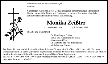 Anzeige von Monika Zeißler von Nordbayerischer Kurier