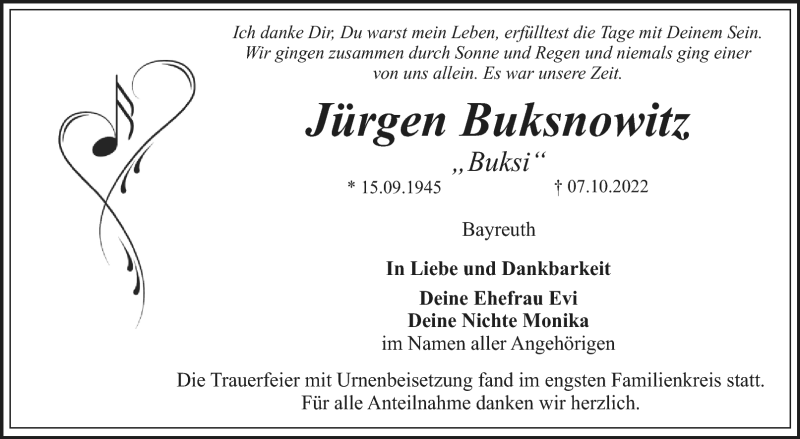  Traueranzeige für Jürgen Buksnowitz vom 27.10.2022 aus Nordbayerischer Kurier