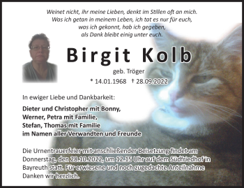 Anzeige von Birgit Kolb von Nordbayerischer Kurier