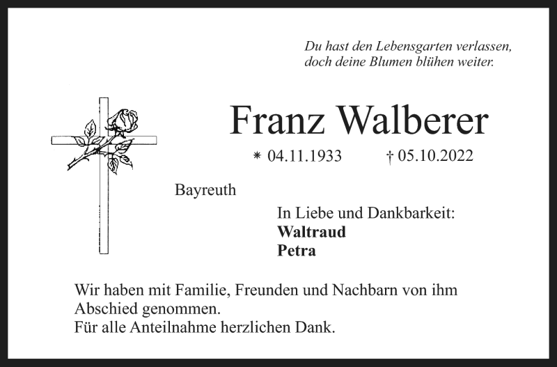  Traueranzeige für Franz Walberer vom 22.10.2022 aus Nordbayerischer Kurier