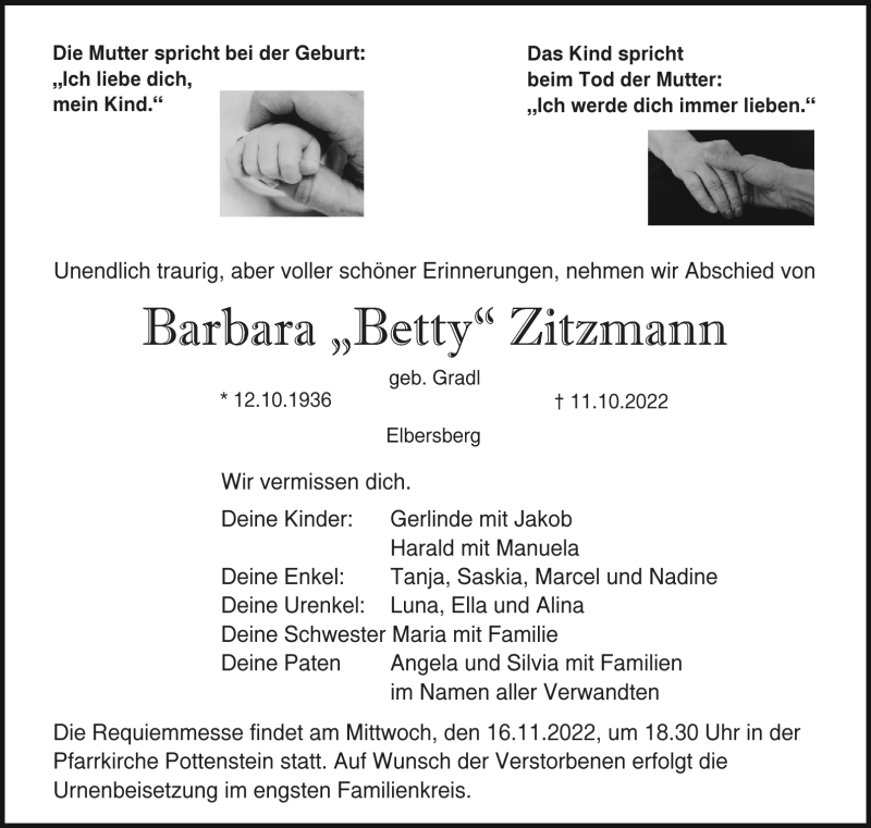  Traueranzeige für Barbara Zitzmann vom 29.10.2022 aus Nordbayerischer Kurier