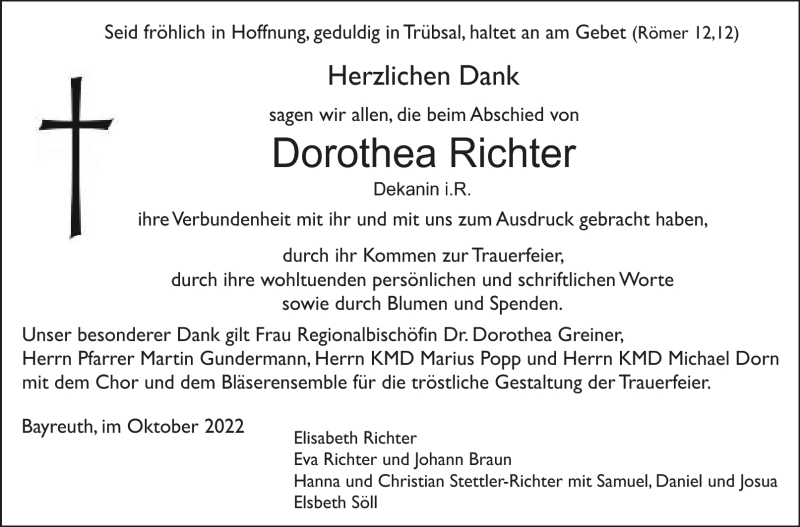  Traueranzeige für Dorothea Richter vom 01.10.2022 aus Nordbayerischer Kurier