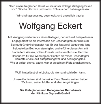 Anzeige von Wolfgang Eckert von Nordbayerischer Kurier