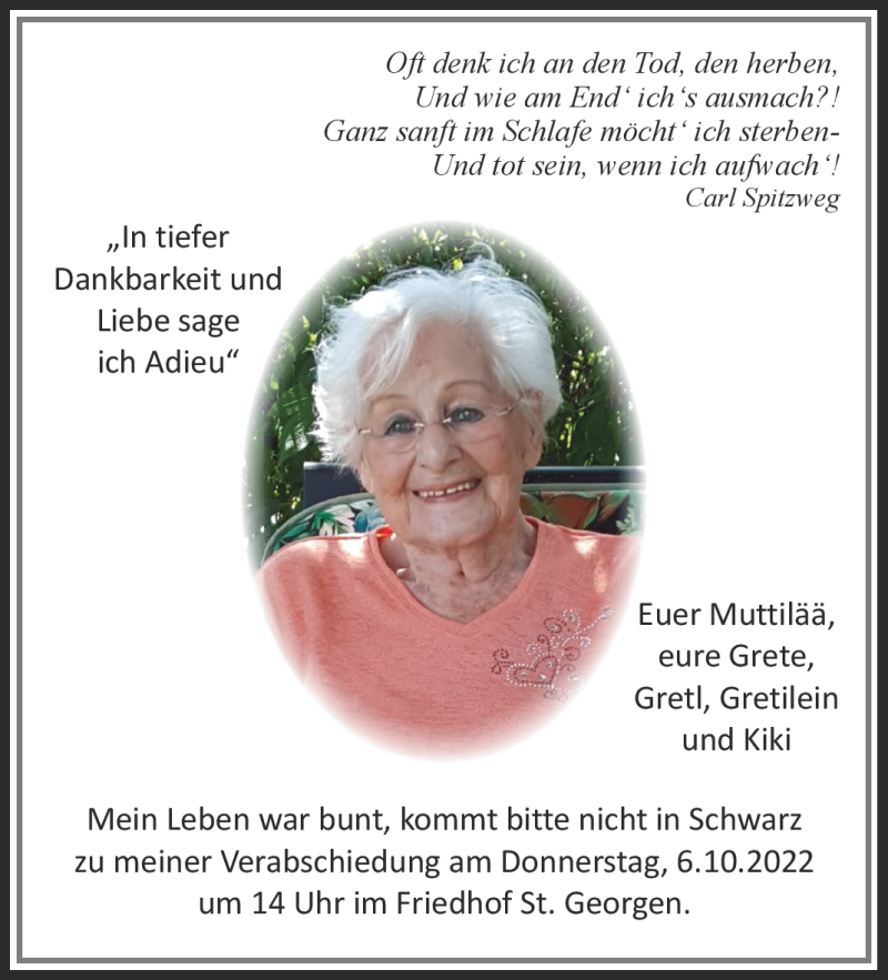  Traueranzeige für Margarethe Wagner vom 01.10.2022 aus Nordbayerischer Kurier