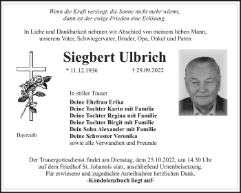 Anzeige von Siegbert Ulbrich von Nordbayerischer Kurier