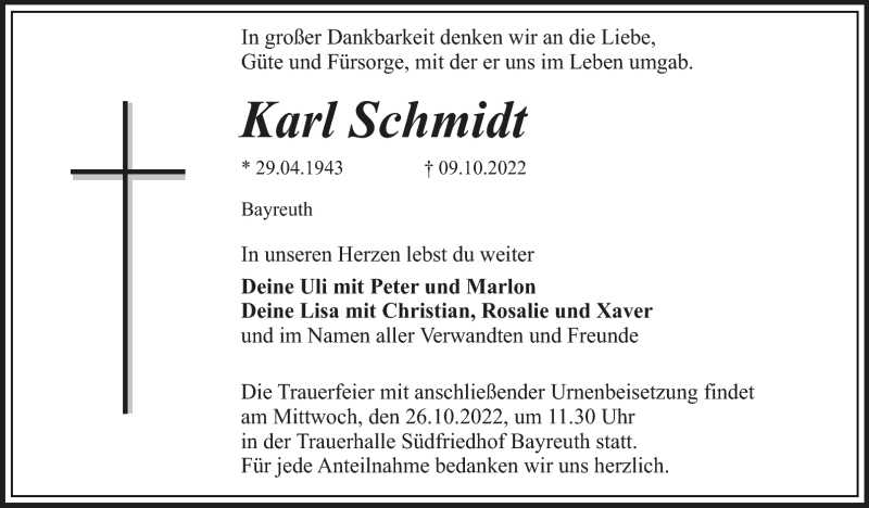  Traueranzeige für Karl Schmidt vom 22.10.2022 aus Nordbayerischer Kurier