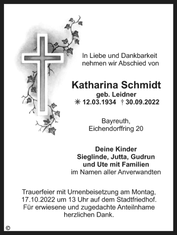 Anzeige von Katharina Schmidt von Nordbayerischer Kurier