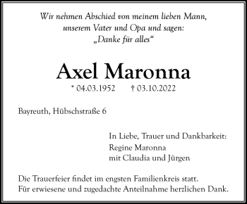 Anzeige von Axel Maronna von Nordbayerischer Kurier