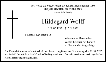 Anzeige von Hildegard Wolff von Nordbayerischer Kurier