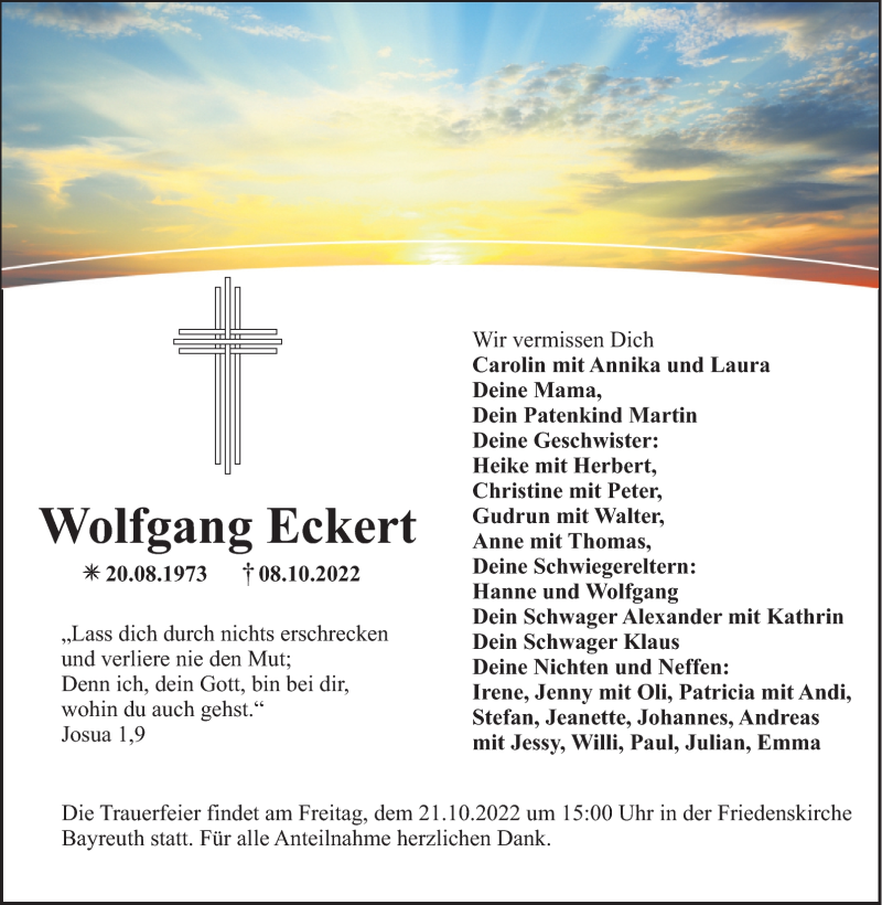  Traueranzeige für Wolfgang Eckert vom 15.10.2022 aus Nordbayerischer Kurier