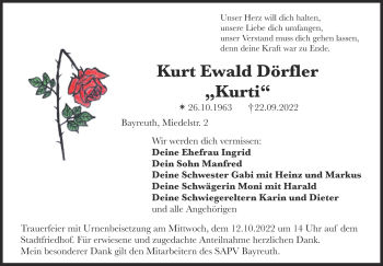 Anzeige von Kurt Ewald Dörfler von Nordbayerischer Kurier