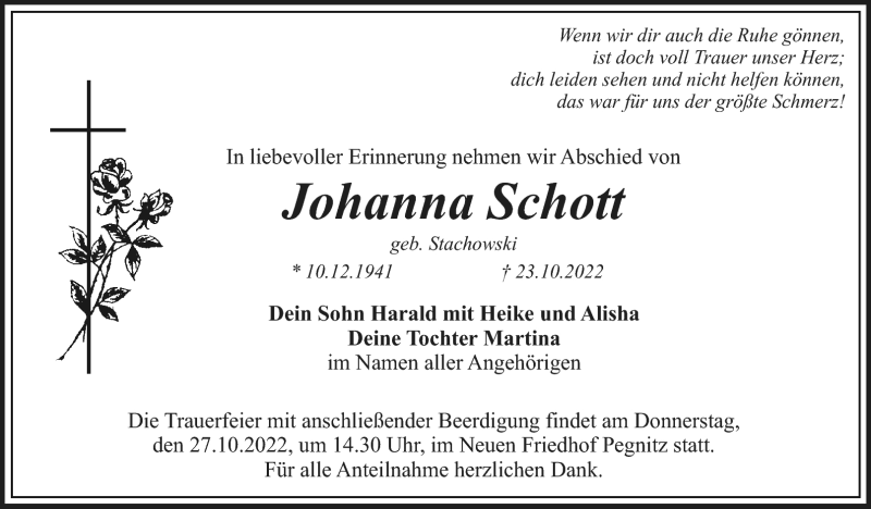  Traueranzeige für Johanna Schott vom 26.10.2022 aus Nordbayerischer Kurier