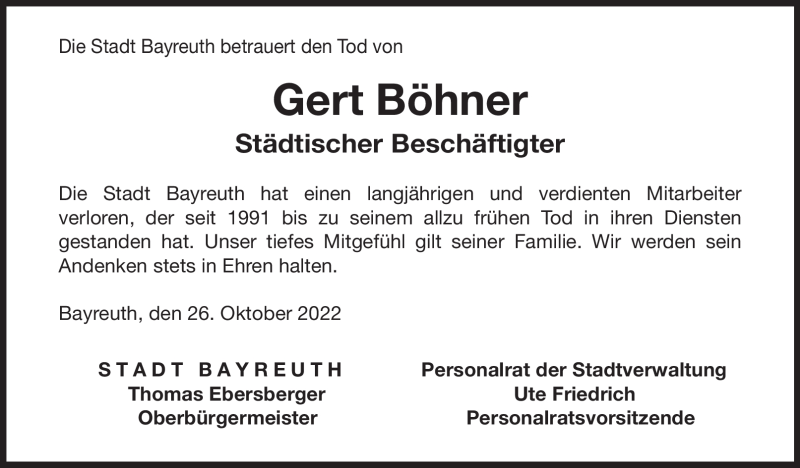  Traueranzeige für Gert Böhner vom 26.10.2022 aus Nordbayerischer Kurier