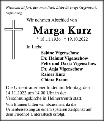 Anzeige von Marga Kurz von Nordbayerischer Kurier