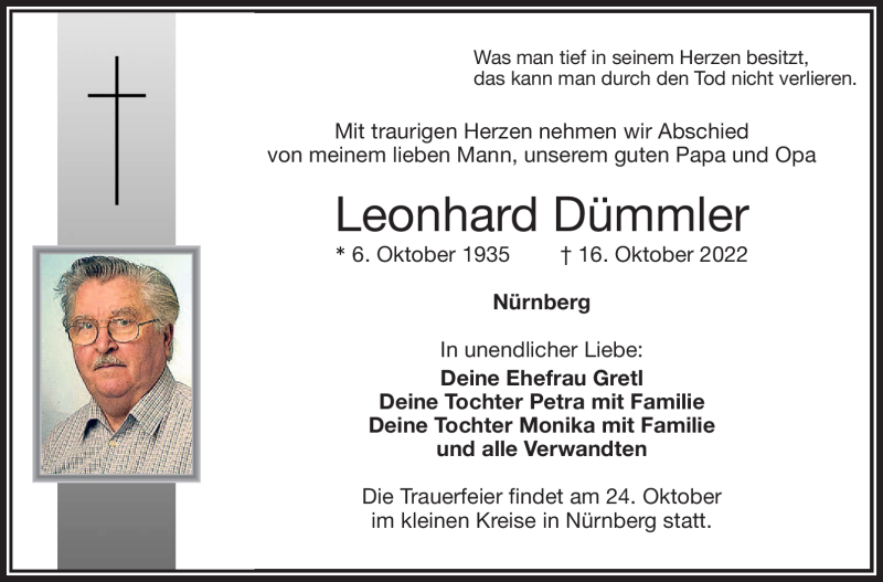  Traueranzeige für Leonhard Dümmler vom 22.10.2022 aus Nordbayerischer Kurier