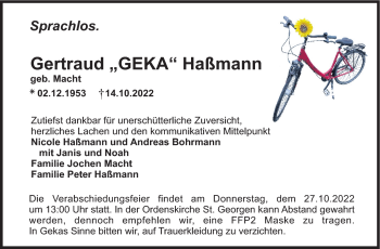 Anzeige von Gertraud Haßmann von Nordbayerischer Kurier