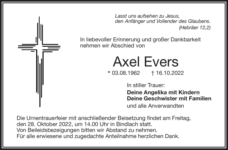  Traueranzeige für Axel Evers vom 26.10.2022 aus Nordbayerischer Kurier