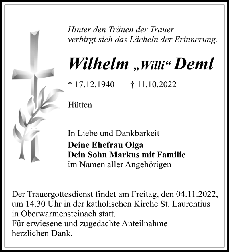  Traueranzeige für Wilhelm Deml vom 29.10.2022 aus Nordbayerischer Kurier