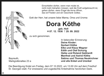 Anzeige von Dora Köthe von Nordbayerischer Kurier