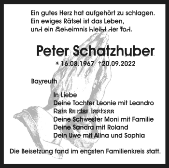 Anzeige von Peter Schatzhuber von Nordbayerischer Kurier