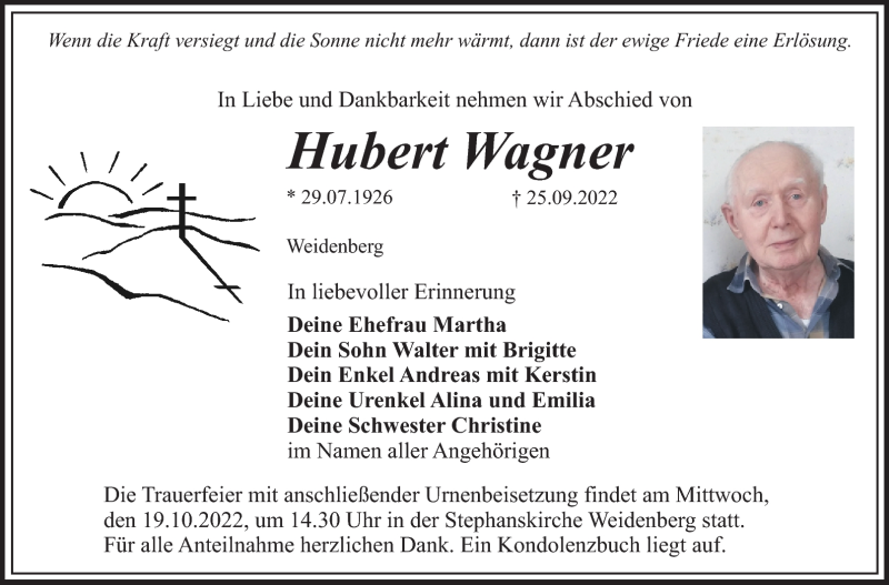  Traueranzeige für Hubert Wagner vom 15.10.2022 aus Nordbayerischer Kurier