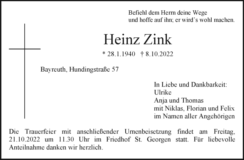  Traueranzeige für Heinz Zink vom 14.10.2022 aus Nordbayerischer Kurier