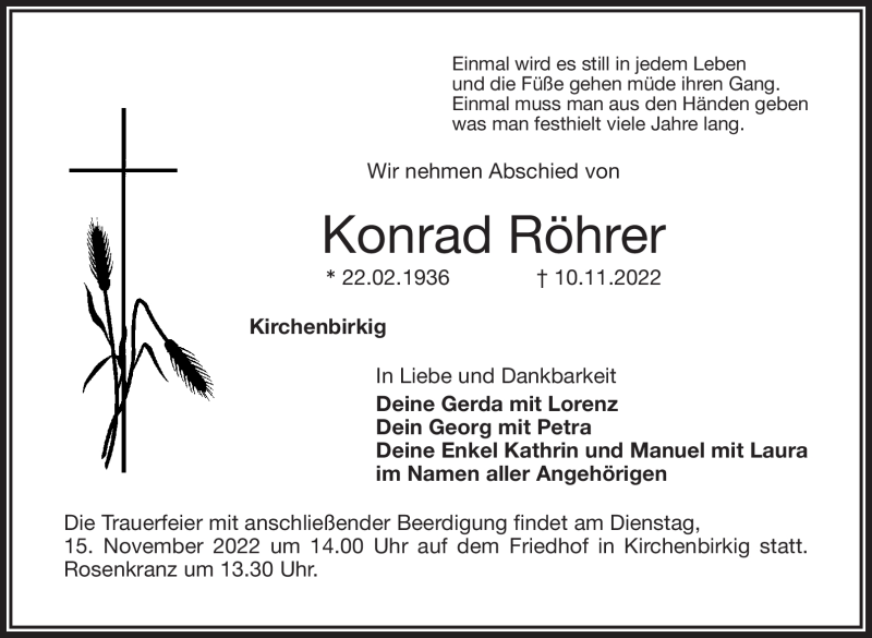  Traueranzeige für Konrad Röhrer vom 12.11.2022 aus Nordbayerischer Kurier