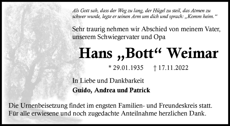  Traueranzeige für Hans Weimar vom 23.11.2022 aus Nordbayerischer Kurier