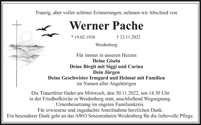  Traueranzeige für Werner Pache vom 26.11.2022 aus Nordbayerischer Kurier