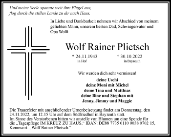 Anzeige von Wolf Rainer Plietsch von Nordbayerischer Kurier