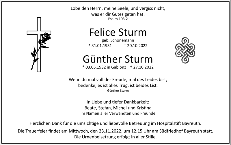  Traueranzeige für GüntherFelice SturmSturm vom 16.11.2022 aus Nordbayerischer Kurier