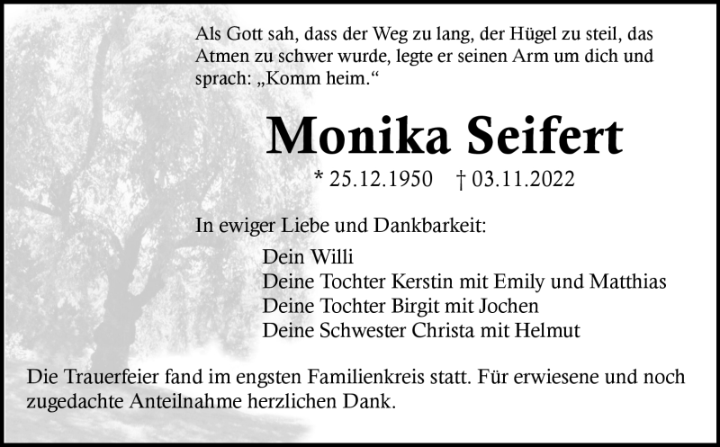 Traueranzeige für Monika Seifert vom 19.11.2022 aus Nordbayerischer Kurier