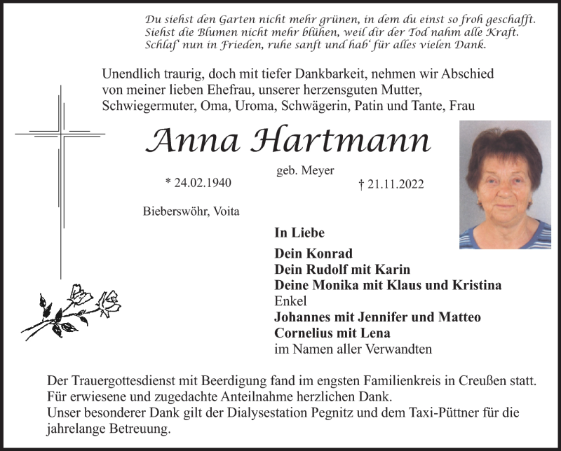  Traueranzeige für Anna Hartmann vom 26.11.2022 aus Nordbayerischer Kurier