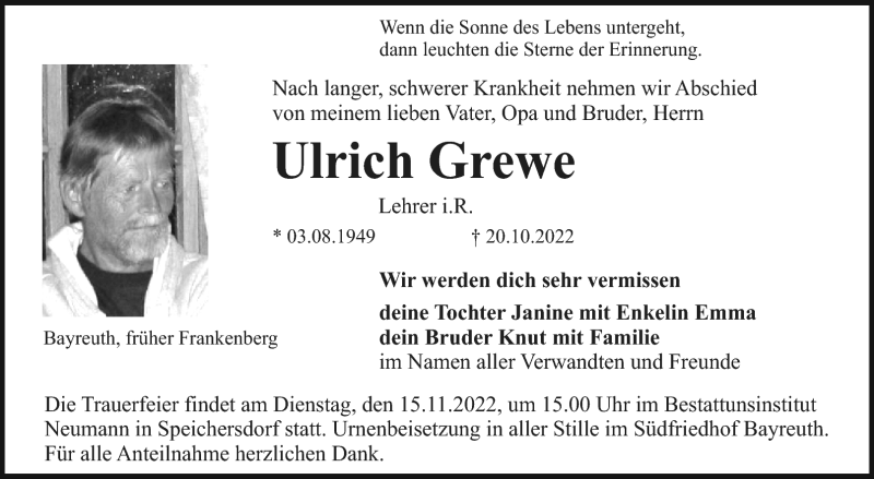  Traueranzeige für Ulrich Grewe vom 12.11.2022 aus Nordbayerischer Kurier