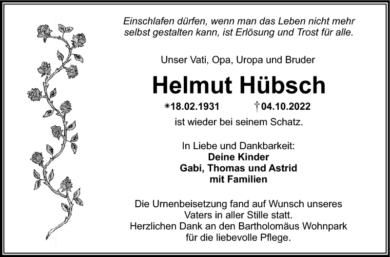  Traueranzeige für Helmut Hübsch vom 05.11.2022 aus Nordbayerischer Kurier