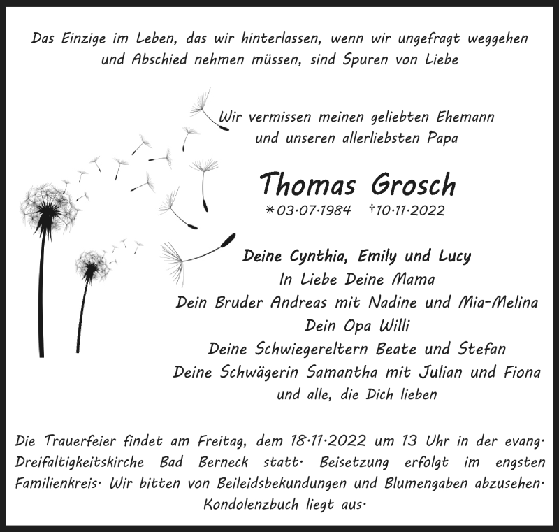  Traueranzeige für Thomas Grosch vom 16.11.2022 aus Nordbayerischer Kurier