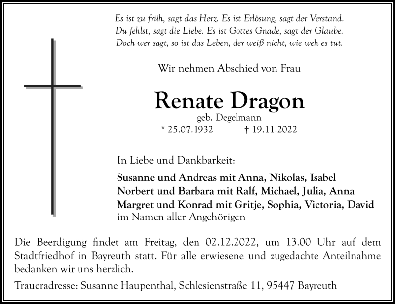  Traueranzeige für Renate Dragon vom 26.11.2022 aus Nordbayerischer Kurier