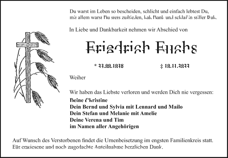  Traueranzeige für Friedrich Fuchs vom 26.11.2022 aus Nordbayerischer Kurier