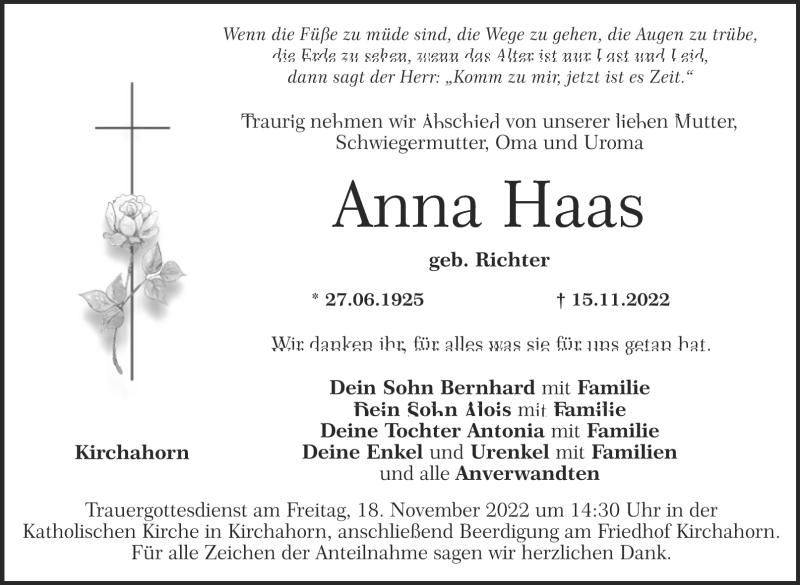  Traueranzeige für Anna Haas vom 17.11.2022 aus Nordbayerischer Kurier