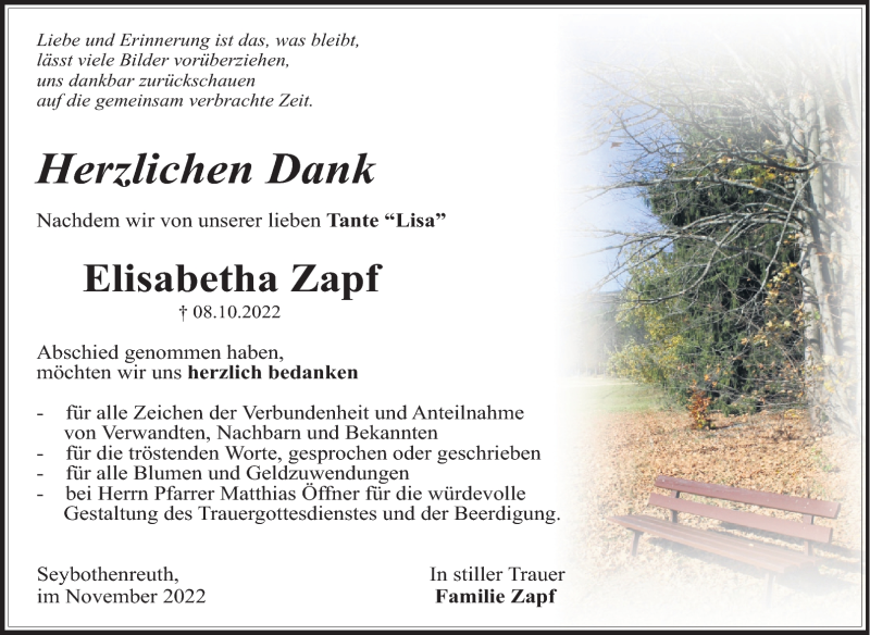  Traueranzeige für Elisabetha Zapf vom 26.11.2022 aus Nordbayerischer Kurier