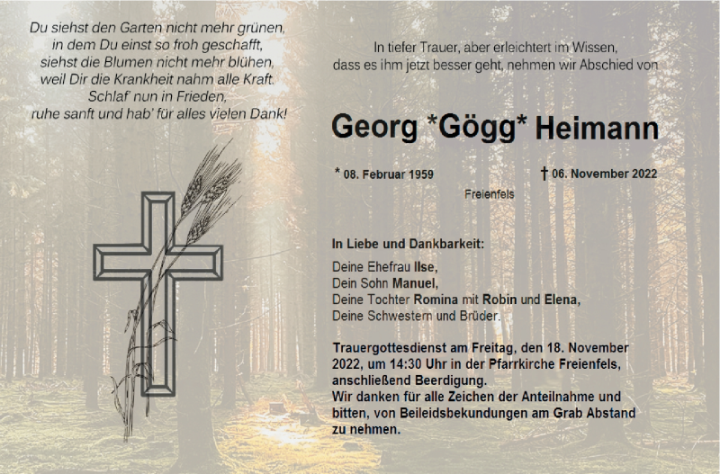  Traueranzeige für Georg Heimann vom 16.11.2022 aus Nordbayerischer Kurier