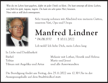 Anzeige von Manfred Lindner von Nordbayerischer Kurier