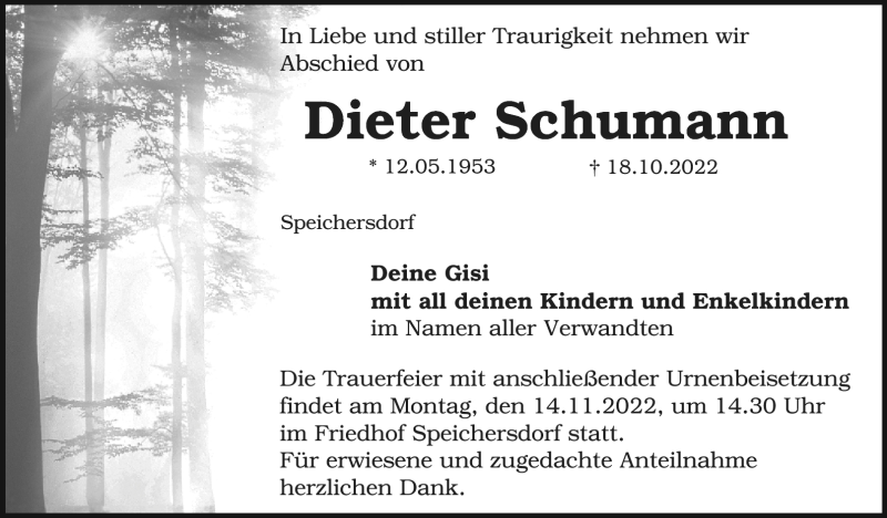  Traueranzeige für Dieter Schumann vom 12.11.2022 aus Nordbayerischer Kurier